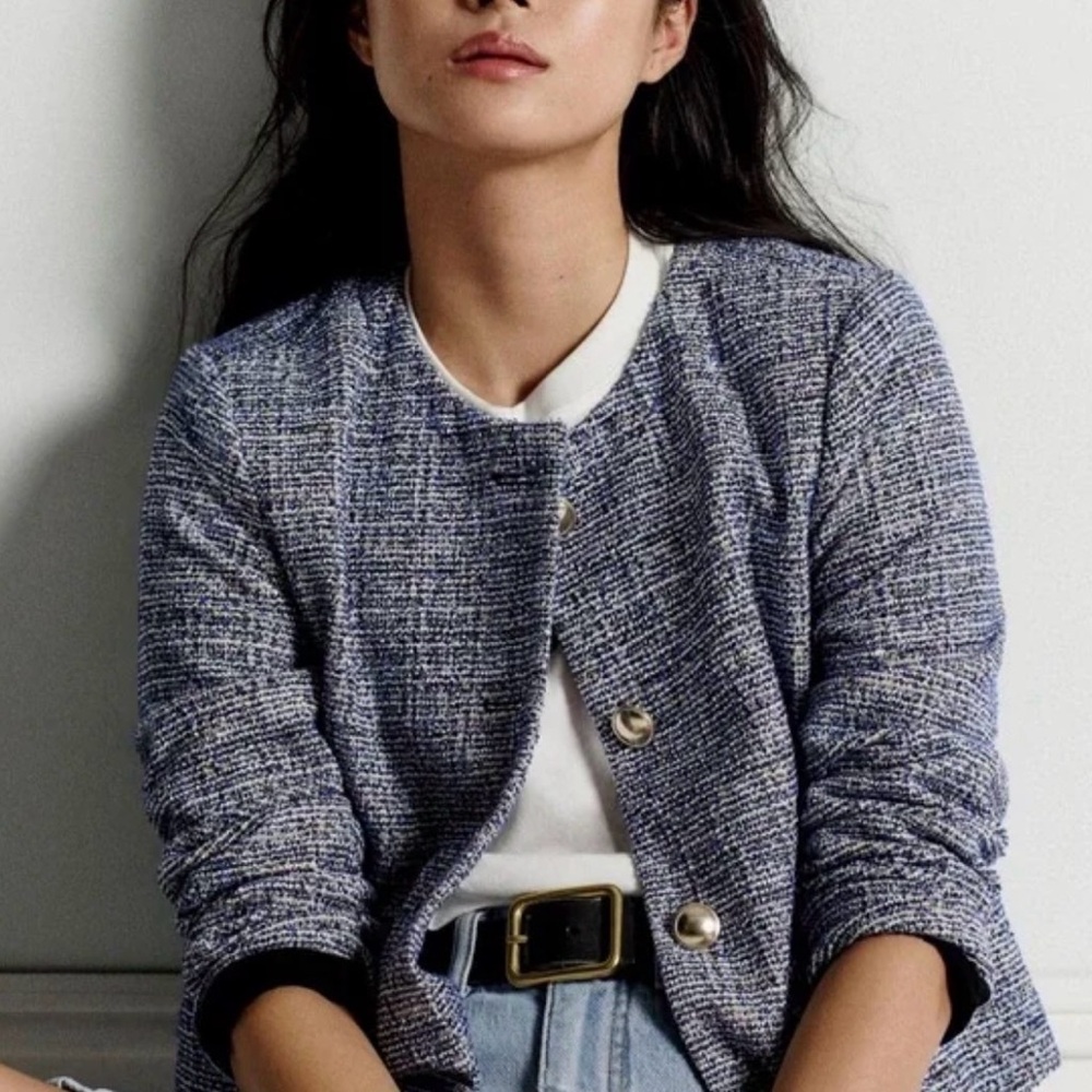 Maeve Blue Tweed Collarless Blazer